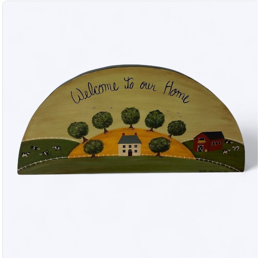 Vintage Folk Art Welcome Sign S+R Marano '94 Hand Painted Farmhouse Country Wall